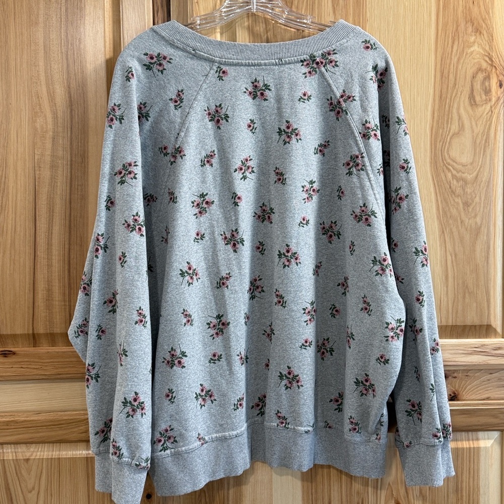 Urban Rebel Cozy Heather Gray Notched V-Neck Sweatshirt Pink Floral Print Sz L - Picture 6 of 9